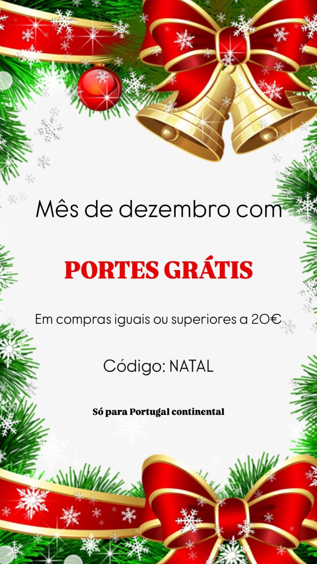 Decoração natalícia com fitas vermelhas, laços dourados, sinos dourados e ramos verdes com flocos de neve brancos e texto promocional