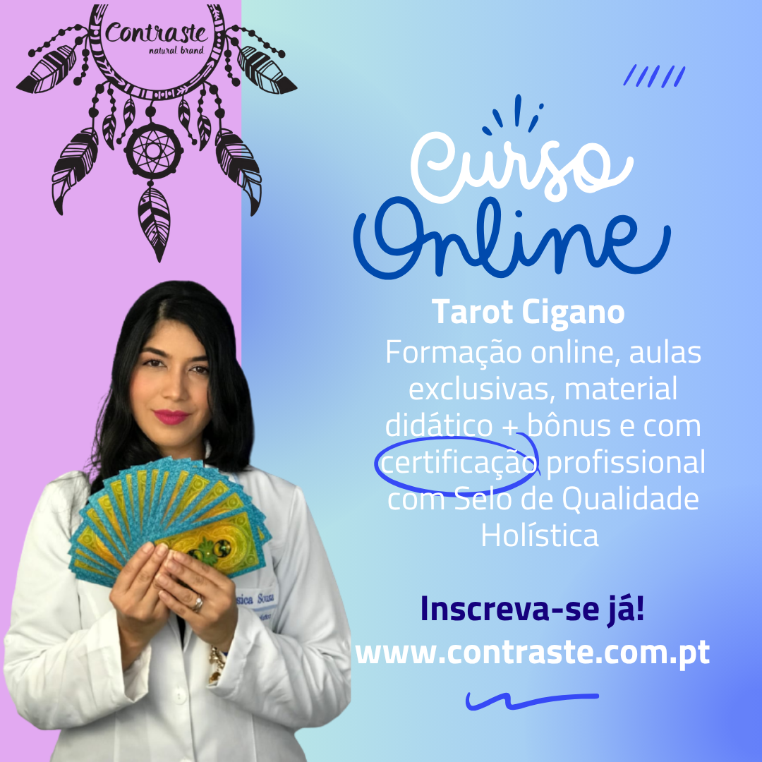 Promoção de curso online de Tarot Cigano com imagem de mulher com cartas de tarô e texto informativo.