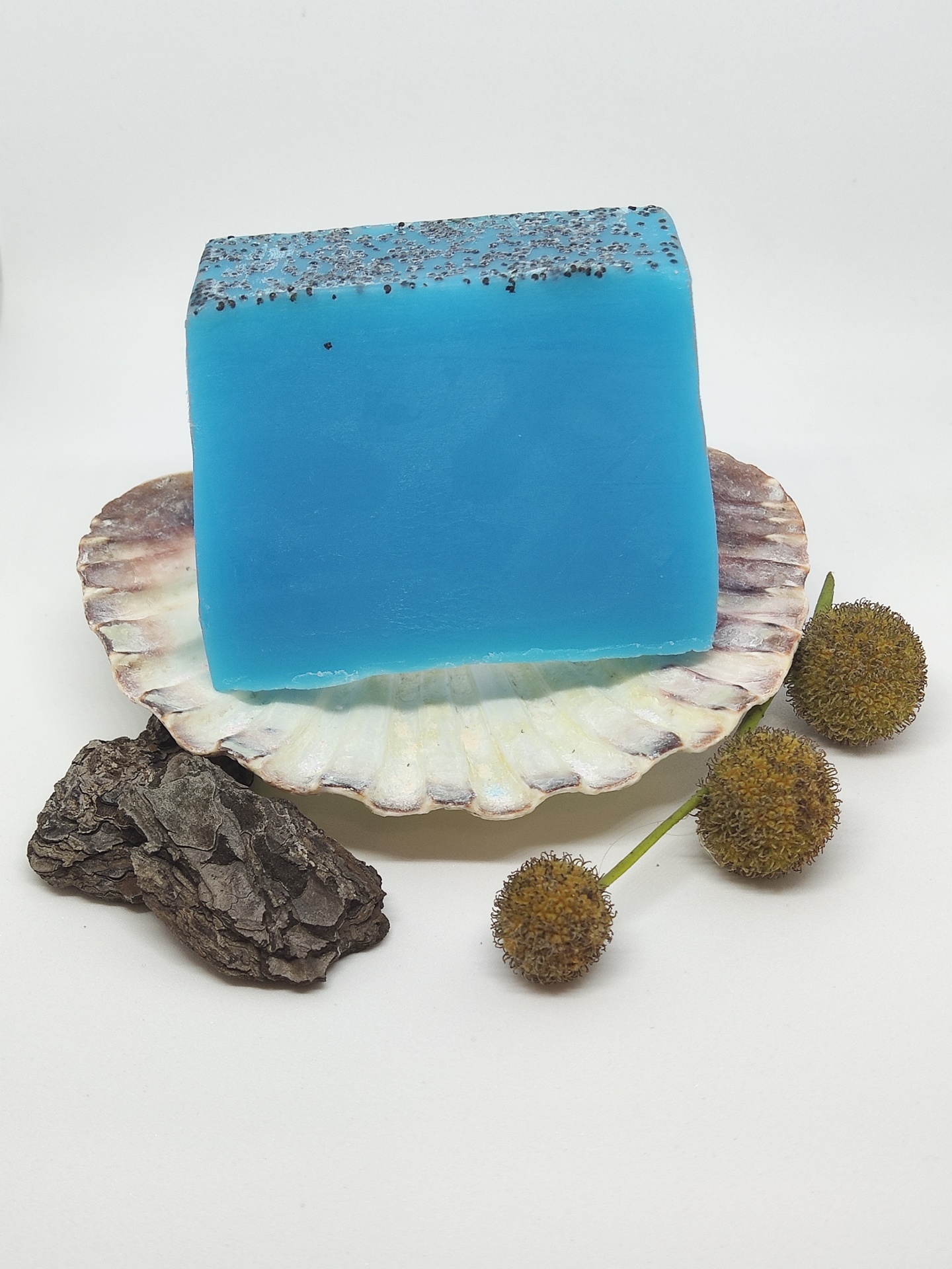 Sabonete azul com partículas escuras no topo numa concha junto a casca e bolbos em fundo branco