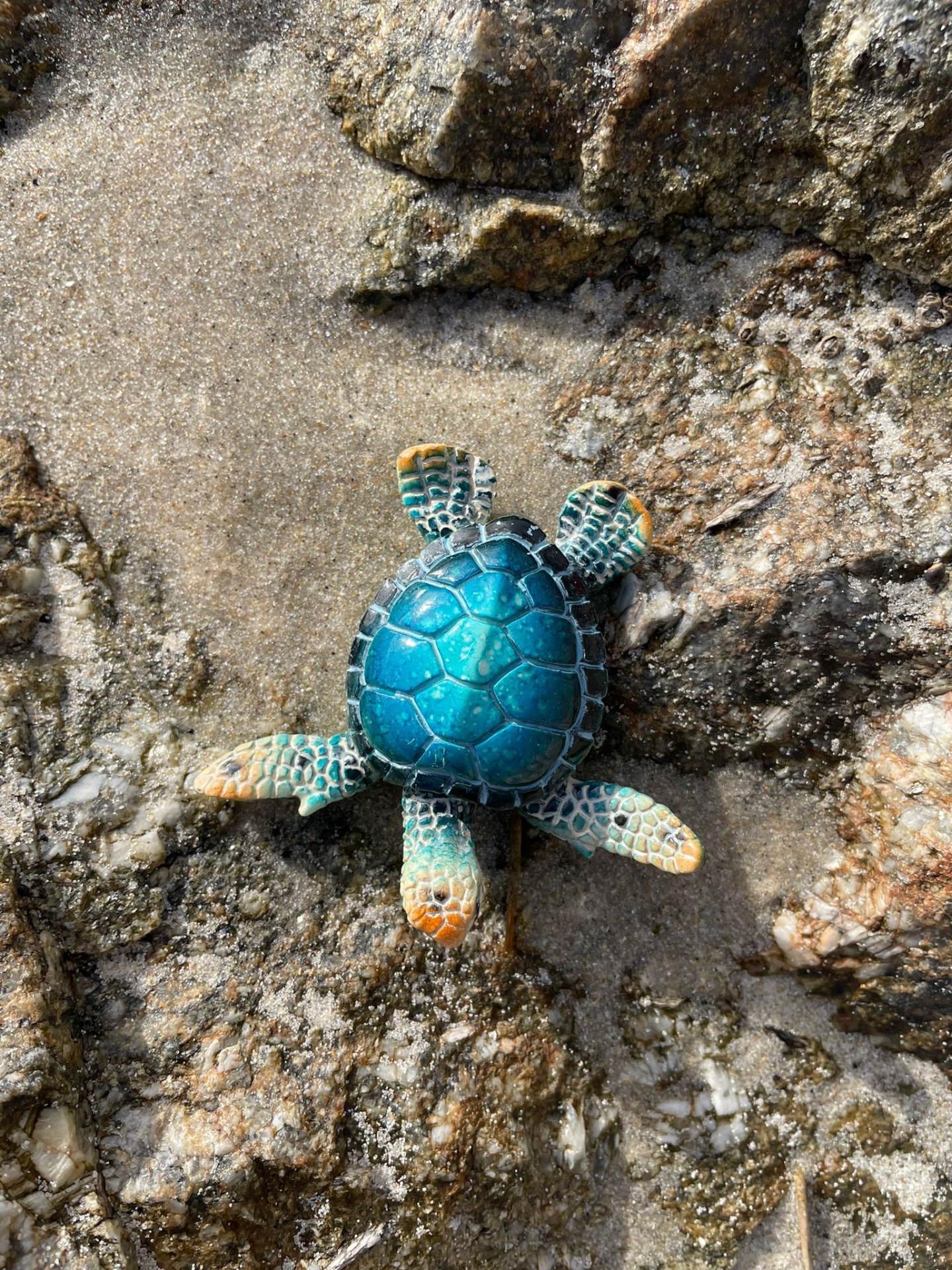 Figura decorativa de tartaruga azul sobre rocha