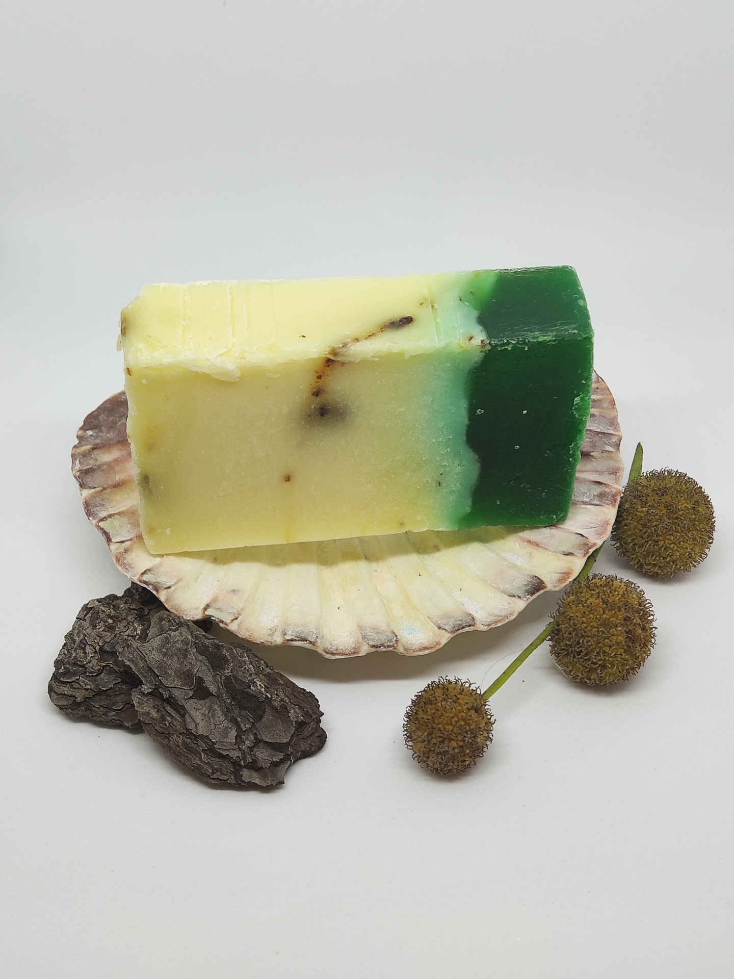barra de sabão bicolor amarelo e verde sobre concha com flores secas e casca de árvore
