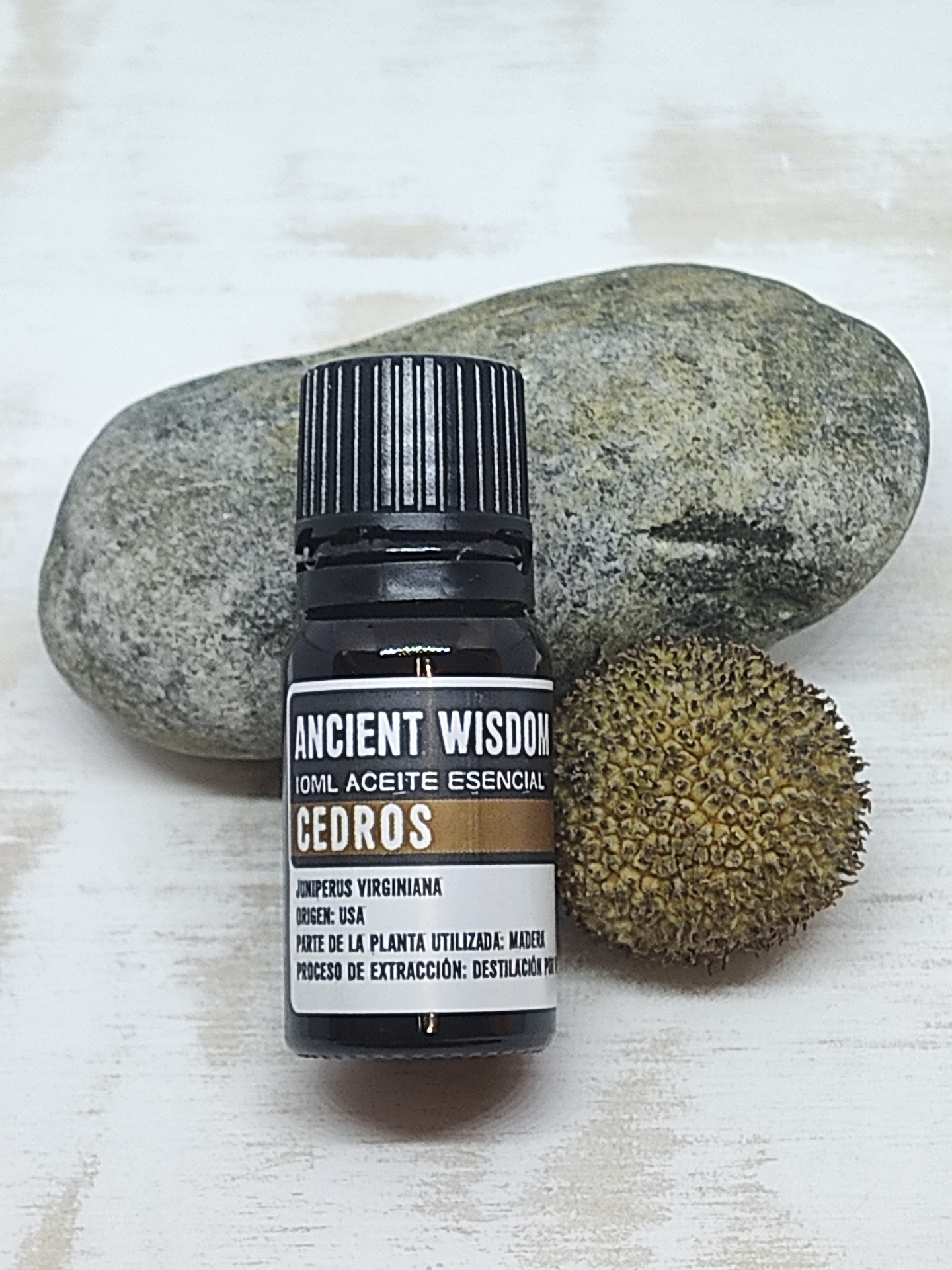 Frasco preto de óleo essencial Cedros sobre superfície branca com pedra cinza e fruto seco