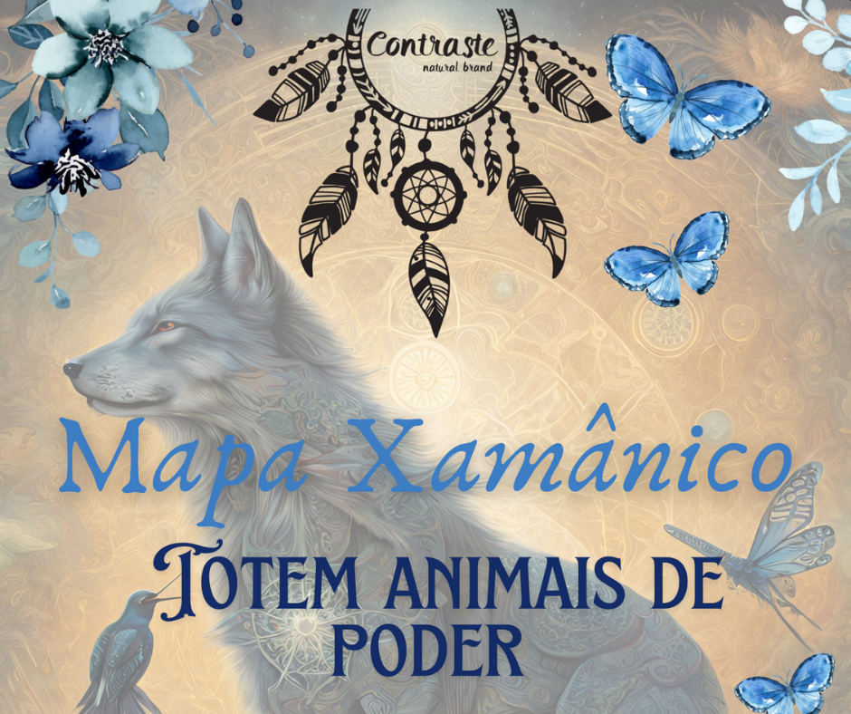 Imagem ilustrativa com lobo, borboletas e texto Mapa Xamânico Tótem Animais de Poder