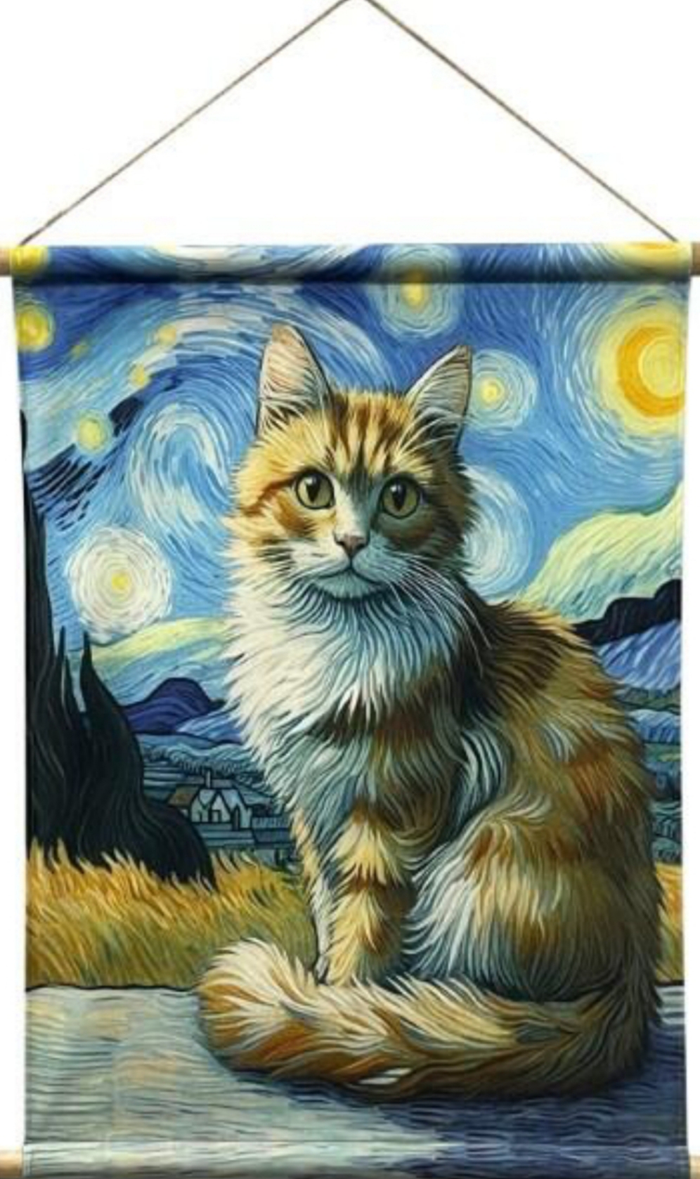 Pôster decorativo artesanal de gato com fundo artístico estilo Van Gogh