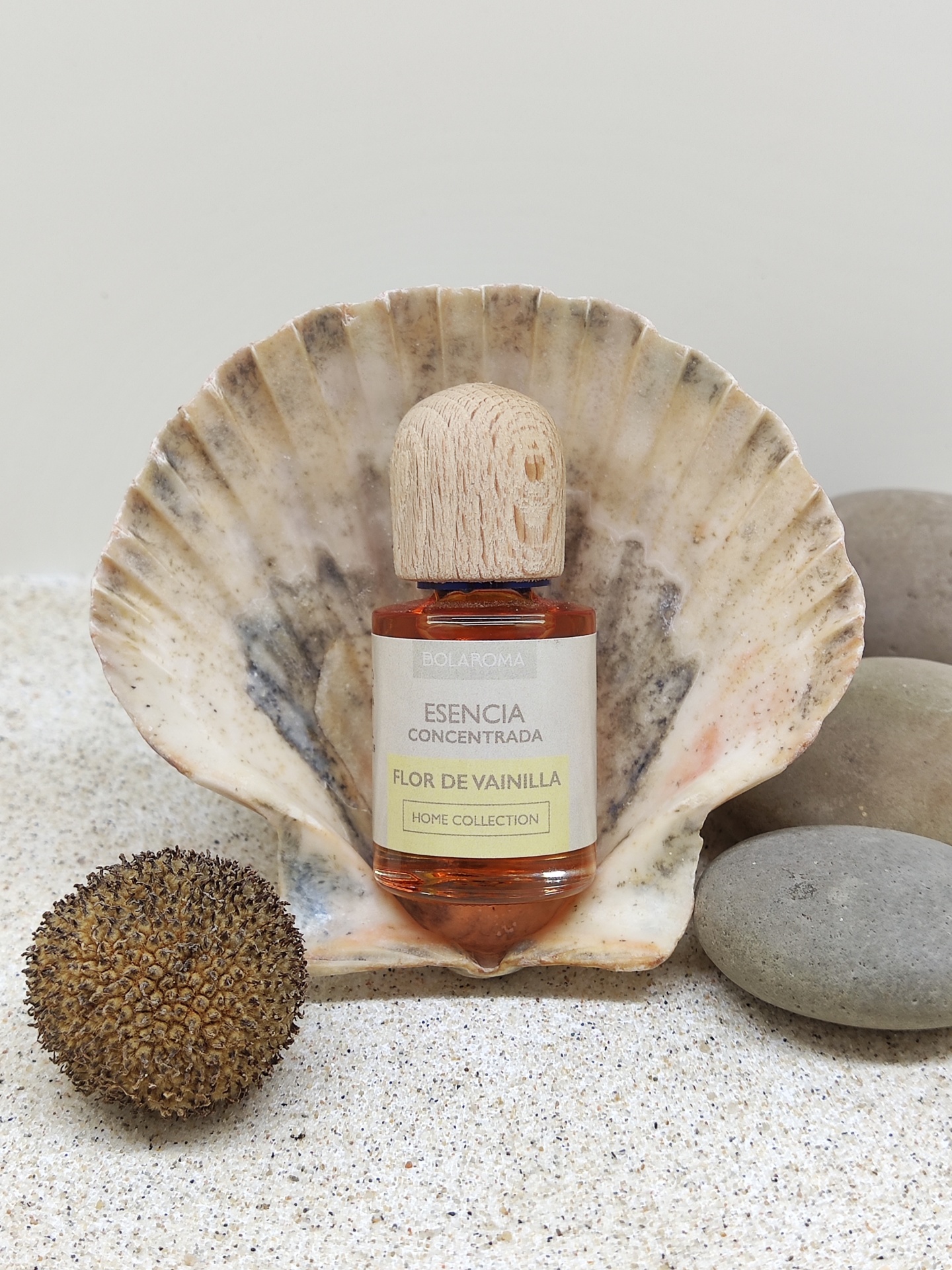 Frasco de essência Flor de Vainilla num cenário natural com concha, pedras e areia