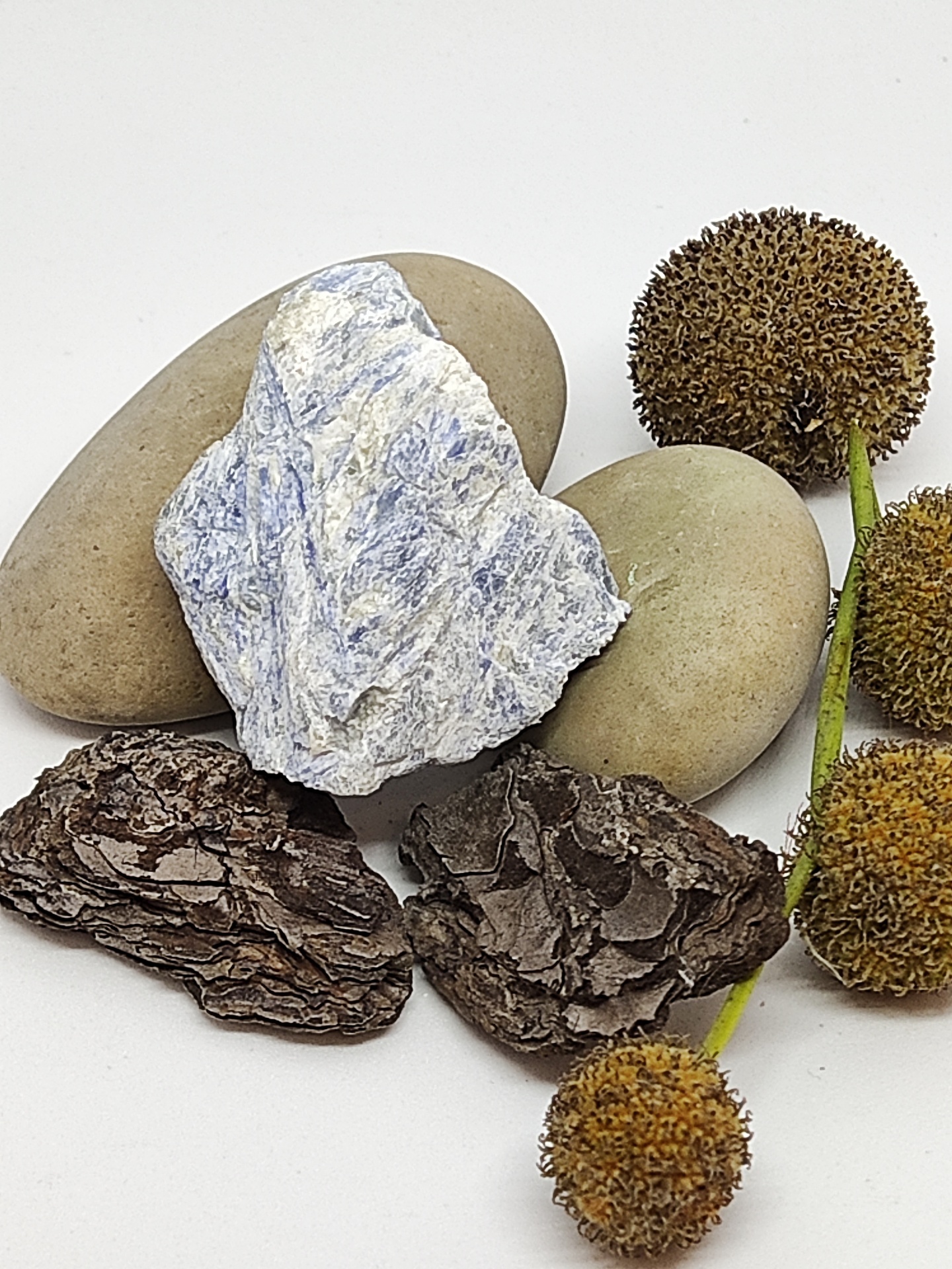 Pedras bege claro, pedra branca com veios azuis, casca de árvore e bolas secas castanho-alaranjadas