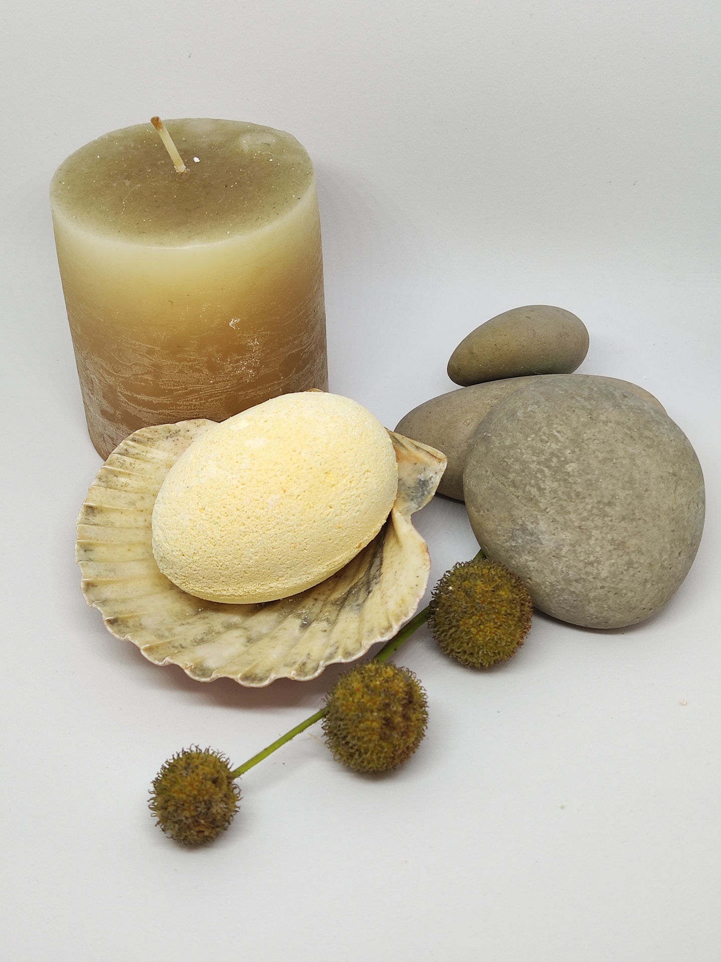 Vela, pedras, concha, esponja e flores secas sobre fundo branco
