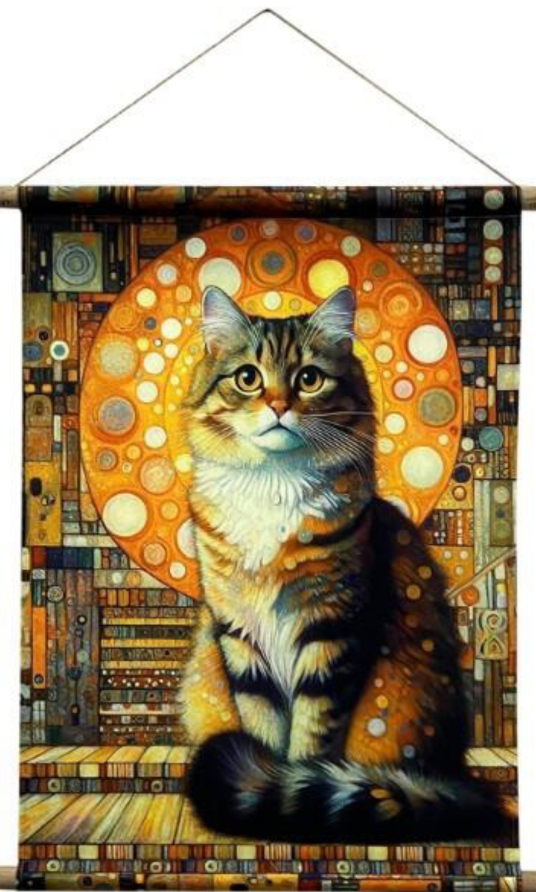 Pintura decorativa de gato com fundo laranja e padrões geométricos