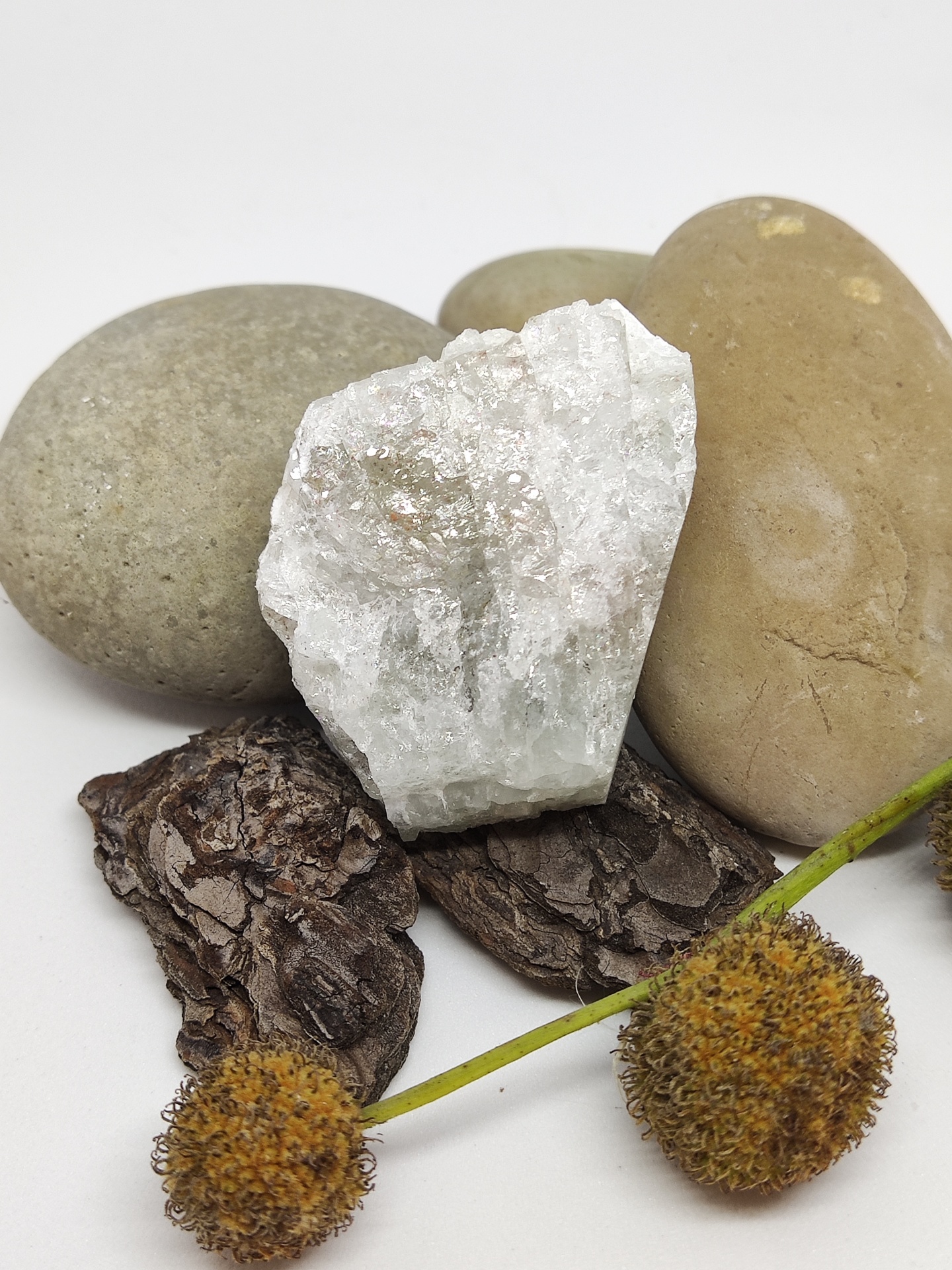 Pedras lisas, pedra branca cristalina, casca marrom e flores secas amarelas sobre fundo branco.