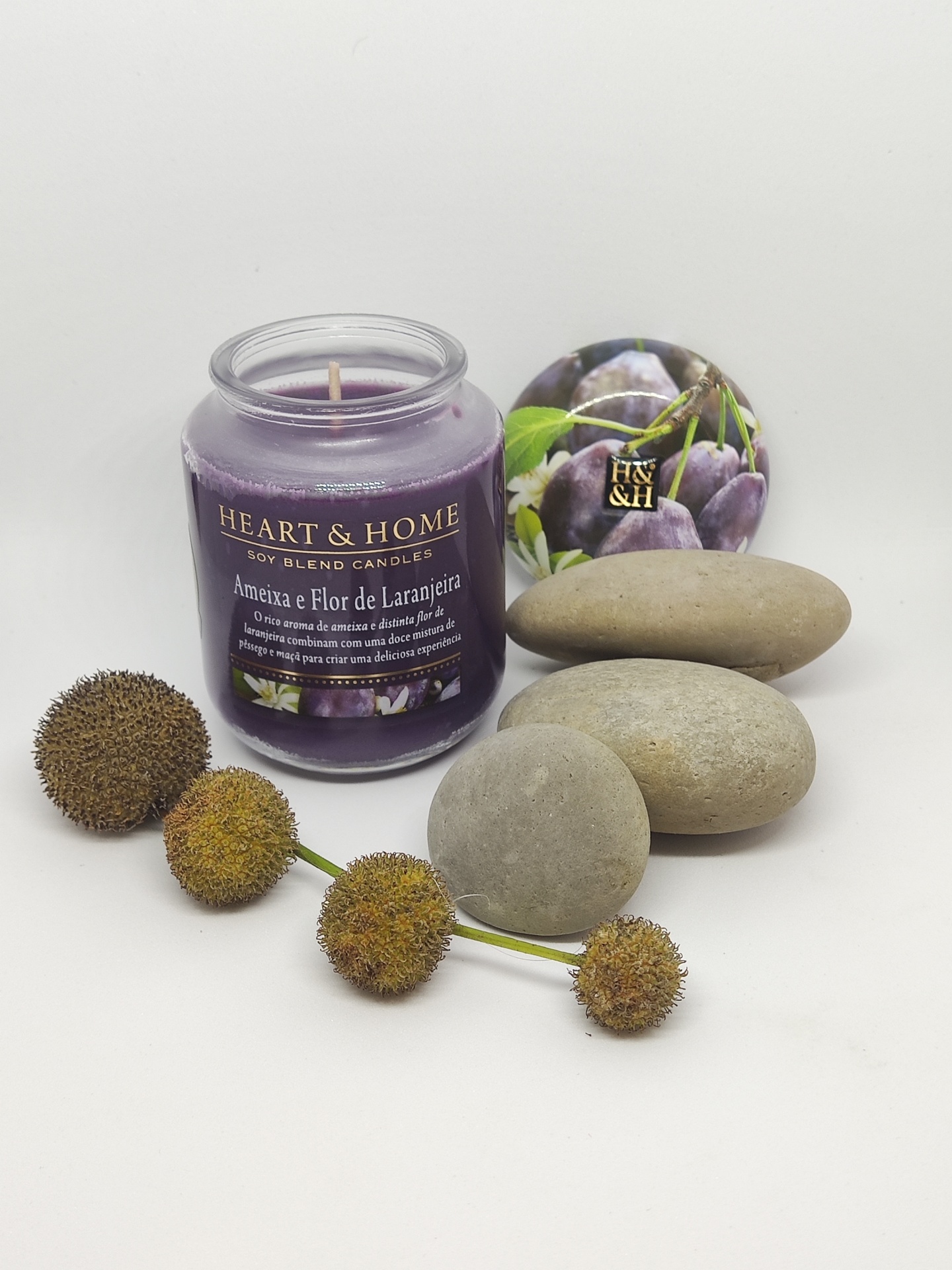 Vela roxa Ameixa e Flor de Laranjeira com pedras cinza e bolbos marrons num fundo branco