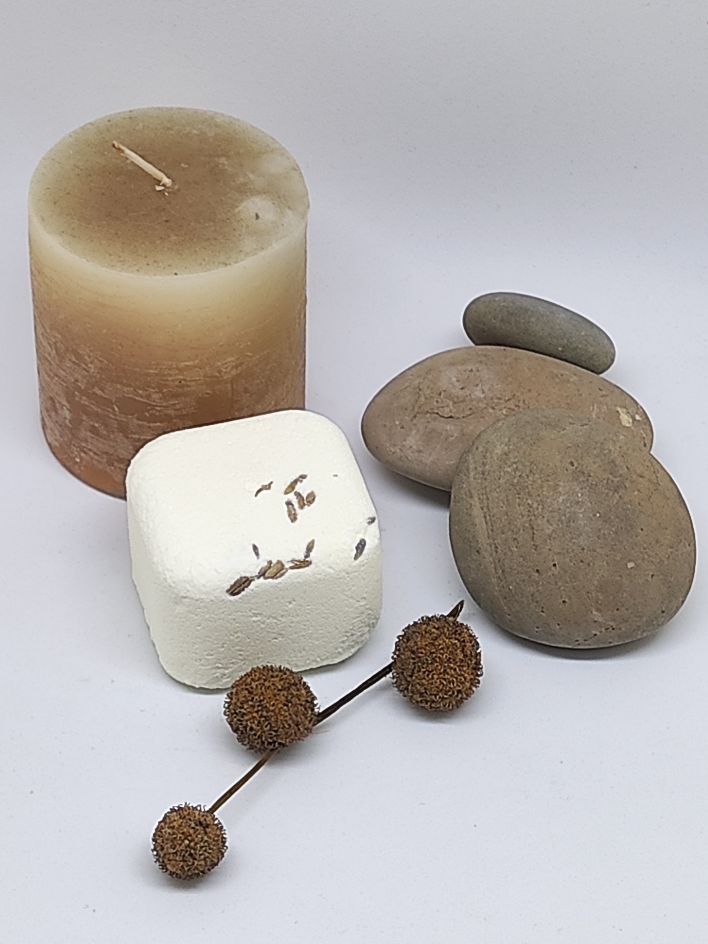 Velão, bloco branco com sementes, pedras castanho-acinzentadas e ramo com bolas secas sobre fundo branco