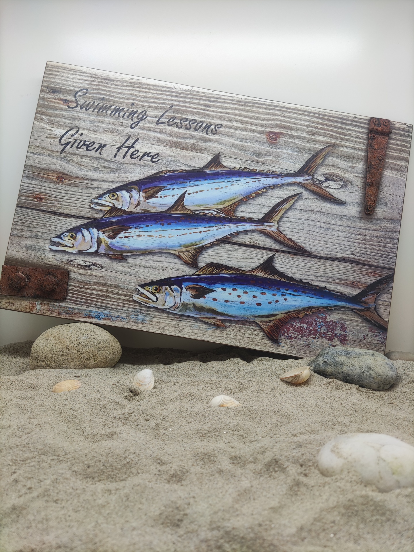 Placa decorativa de madeira com peixes pintados e texto 'Swimming Lessons Given Here' sobre areia com pedras
