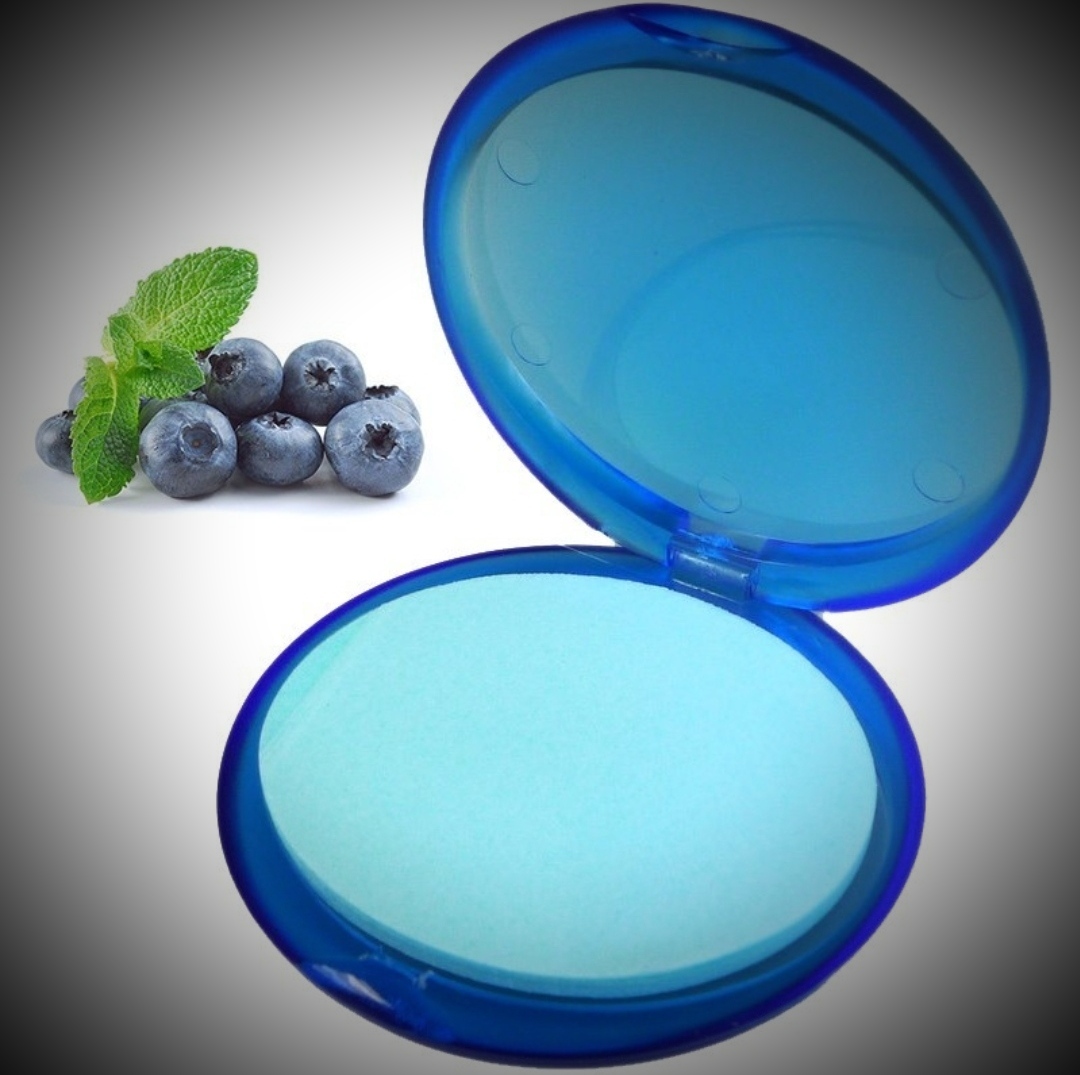 Estojo azul translúcido aberto com mirtilos e folhas verdes ao lado