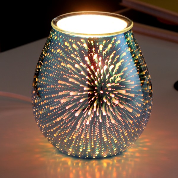 Vela decorativa em vidro com padrão explosão luminosa colorida