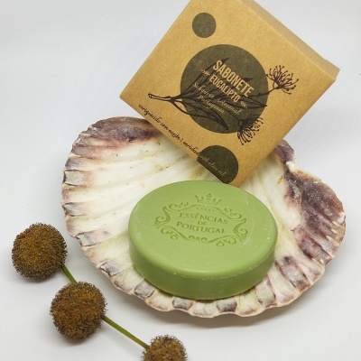 Sabonete verde em concha com embalagem de cartão castanho rotulada e flores secas ao lado