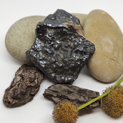 Pedras lisas, peça metálica rugosa, cascas de árvore e flores secas numa superfície branca