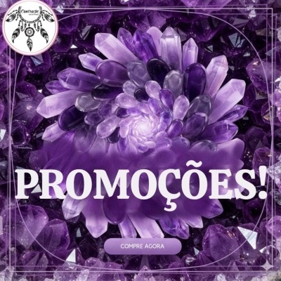 Padrão de cristais roxos com texto Promoções e botão Compre Agora