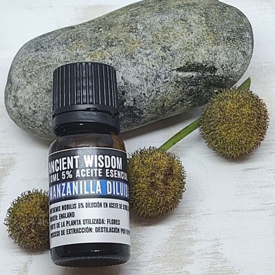 Frasco de óleo essencial de camomila junto a pedra e sementes sobre mesa clara