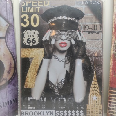 Placa metálica decorativa com mulher estilizada, textos e ícones de Nova York