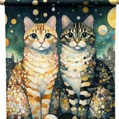 Quadro decorativo com pintura artística de dois gatos em tons de laranja, castanho e azul, com padrão de bolinhas e fundo estrelado.