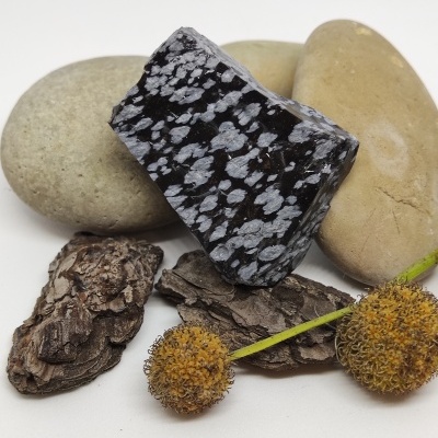 Pedra negra com manchas brancas, seixos, casca de árvore e flores secas sobre fundo branco