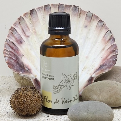 Frasco âmbar de essência para umidificador com tampa preta e etiqueta branca, rodeado por pedras, concha e areia