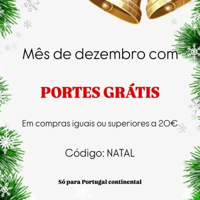 Decoração natalícia com fitas vermelhas, laços dourados, sinos dourados e ramos verdes com flocos de neve brancos e texto promocional