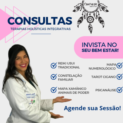 Mulher de jaleco branco e texto sobre terapias holísticas integrativas com lista de serviços e apanhador de sonhos
