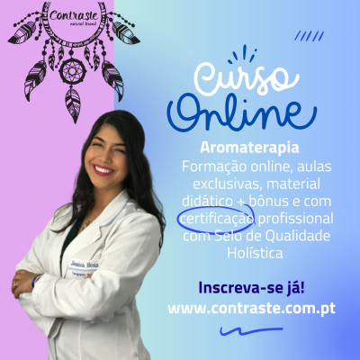 Promoção de curso online de Aromaterapia com texto e imagem de mulher com bata branca