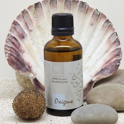 Frasco de essência para brumizador em vidro âmbar com tampa preta, sobre areia, com concha e pedras ao fundo.