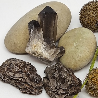 Pedras, cristal e flores secas sobre superfície branca