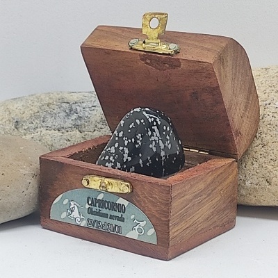 Caixa de madeira aberta com pedra decorativa preta salpicada e rótulo de Capricórnio