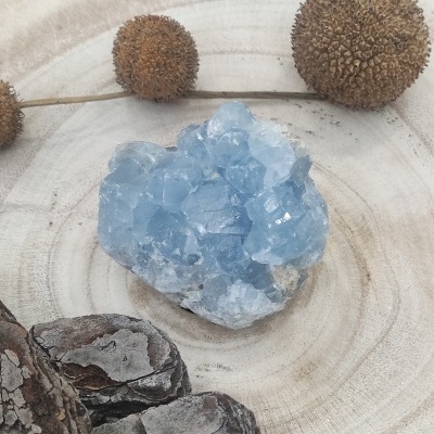 Mineral azul-cristalino sobre madeira clara com ramos secos e casca