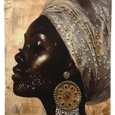 Painel decorativo com imagem de mulher negra em perfil usando turbante e brinco grande