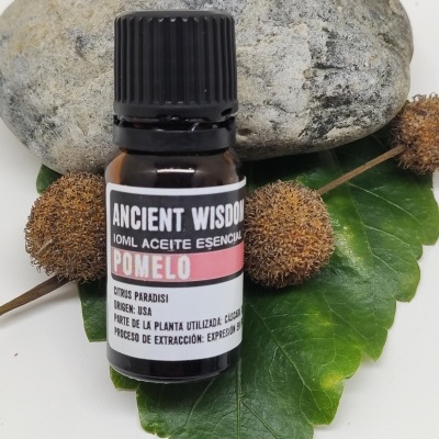 Frasco de óleo essencial de pomelo sobre folha verde com vagens secas e pedra