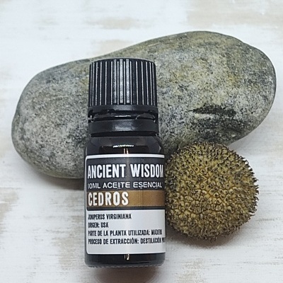 Frasco preto de óleo essencial Cedros sobre superfície branca com pedra cinza e fruto seco