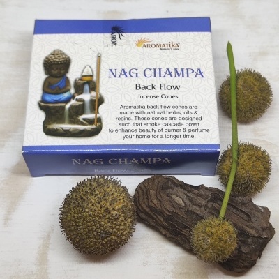 Caixa de incensos Nag Champa Aromatika com estátua de Buda e frutas espinhosas ao lado sobre superfície branca.