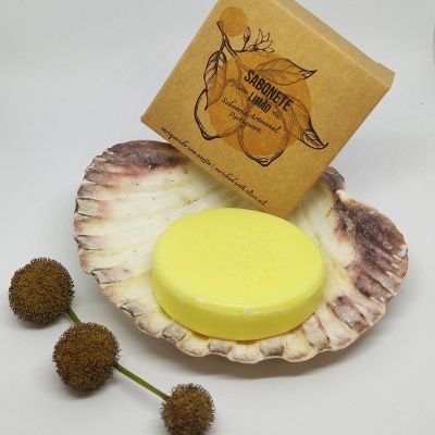 Sabonete amarelo numa concha com embalagem de papel castanho e flores secas ao lado
