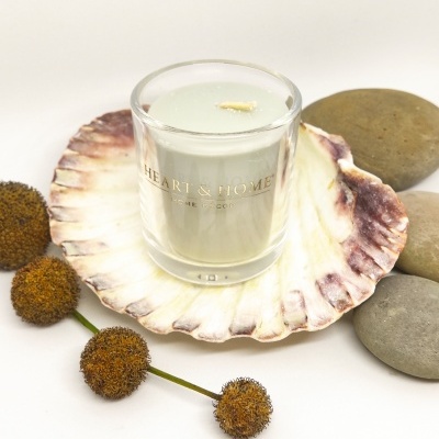 Vela branca em vidro numa concha decorativa com pedras e flores secas ao redor