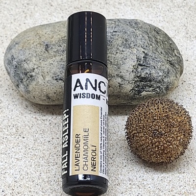 Frasco de óleo essencial próximo a pedra cinza e semente marrom sobre areia