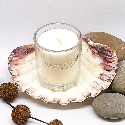 Vela em copo de vidro sobre concha decorativa com pedras e frutos secos