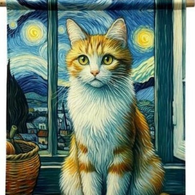 Cartaz com ilustração de gato laranja e branco e paisagem noturna em estilo Van Gogh