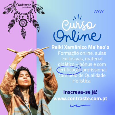 Promoção Curso Online Reiki Xamânico Ma'heo'o com mulher a segurar objeto de madeira e texto sobre formação e certificação