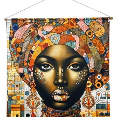 Tecido decorativo com arte de mulher negra de turbante colorido e padrões geométricos