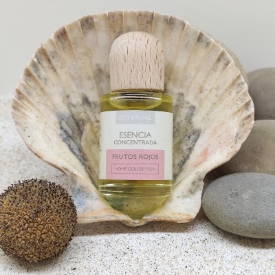 Frasco de essência concentrada Frutos Rojos em concha marinha com pedras e areia