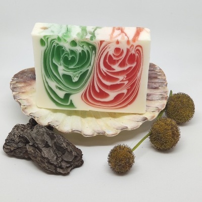 Sabonete marmoreado verde e vermelho na concha com sementes e casca