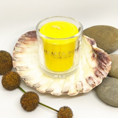 Vela amarela em copo de vidro numa concha rodeada por pedras e flores secas