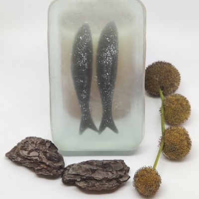 Sabonete transparente com duas figuras de peixes, cascas de árvore e ramo com frutos castanhos