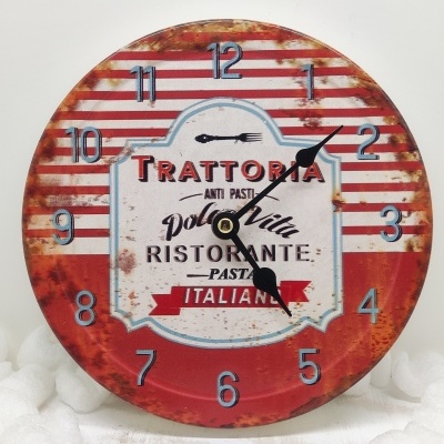 Relógio de parede redondo com padrão listrado vermelho e branco e texto decorativo italiano