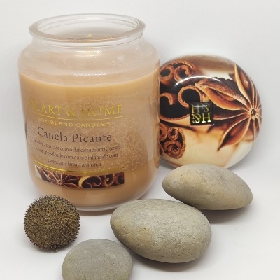 Vela perfumada Canela Picante com pedras e semente num fundo branco